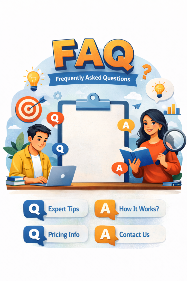 Digital marketing FAQ illustration showing common questions about services, pricing, and how it works.