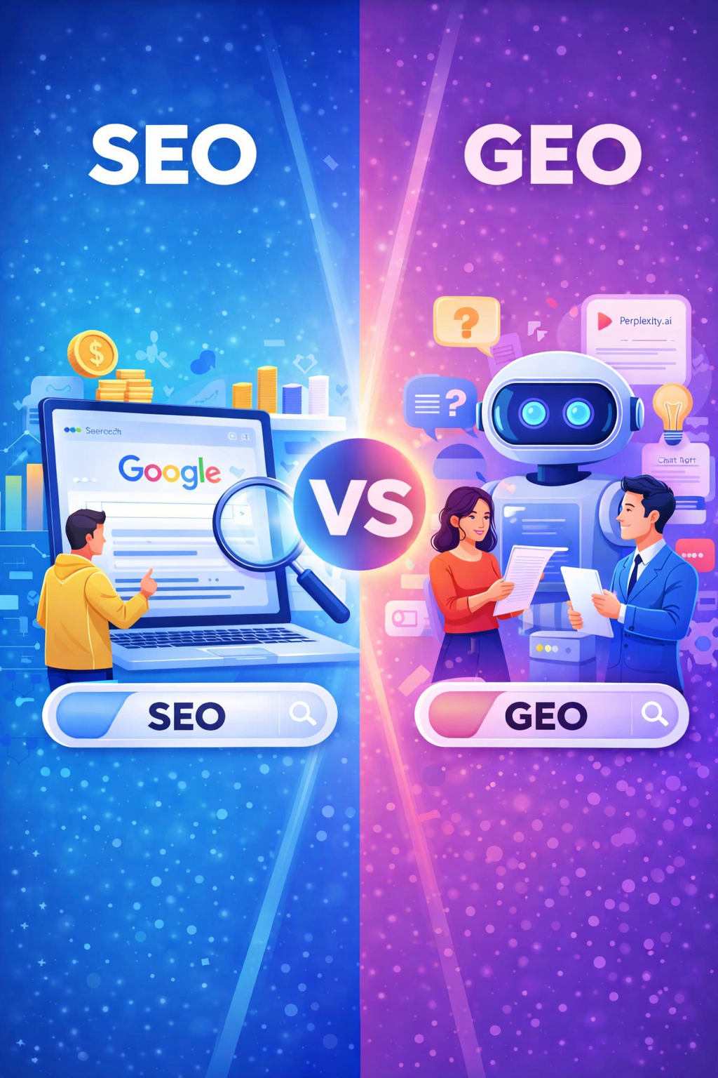 SEO vs GEO comparison explained by a freelance digital marketing consultant in Calicut showing the future of AI-powered search.