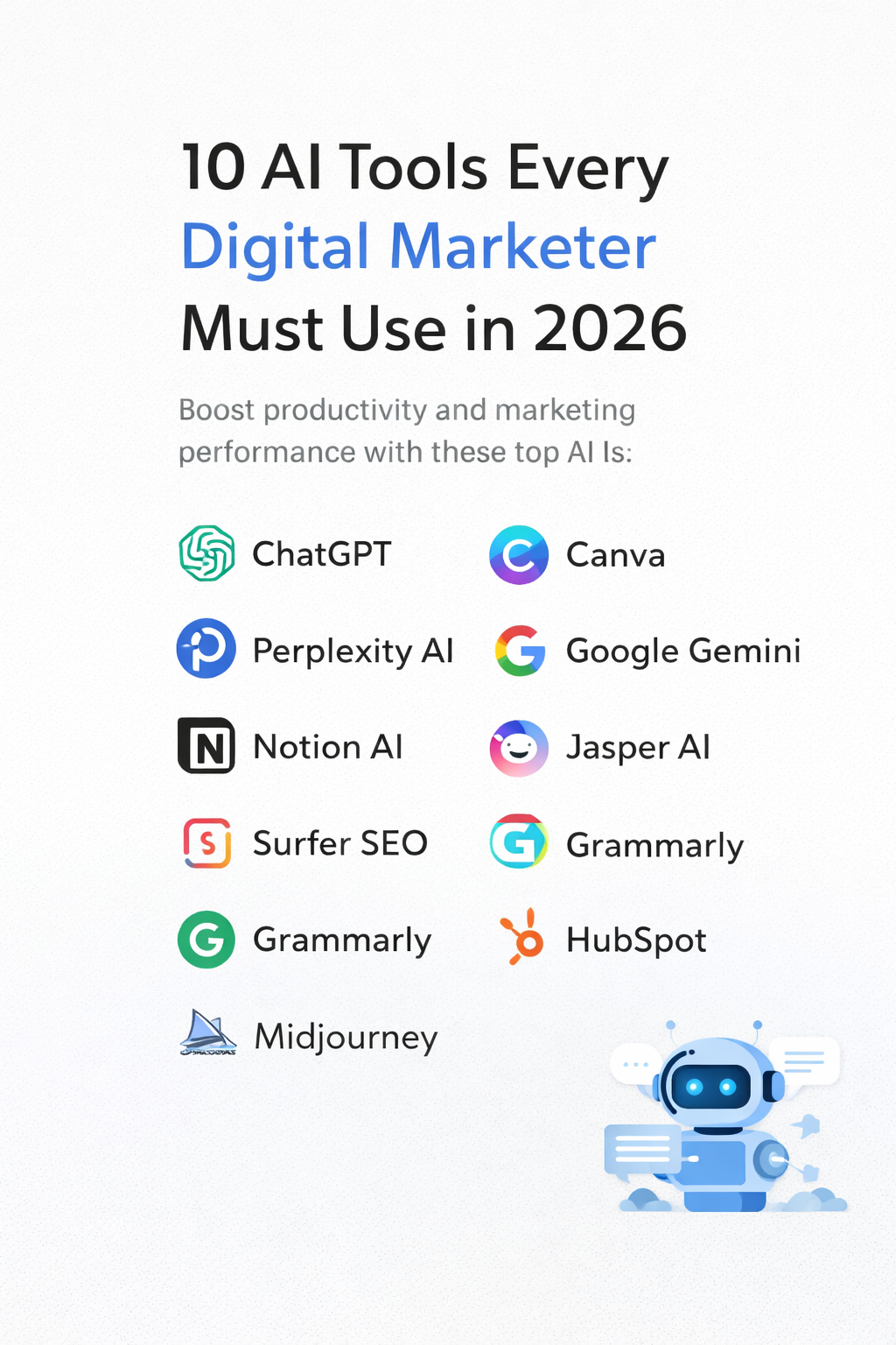 10 AI tools every digital marketer must use in 2026 recommended by a freelance digital marketing consultant in Calicut.