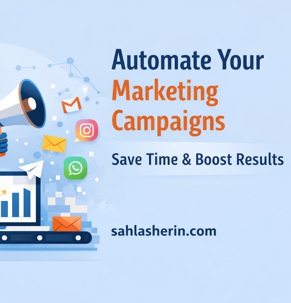 Automating marketing campaigns illustration with robotic arm, social media icons and analytics dashboard
